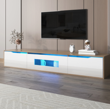 High Gloss TV Cabinet LED Light White & Wood Colour Modern TV Stand Unit
