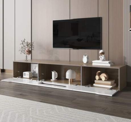 High Gloss TV Cabinet LED Light White & Wood Colour Modern TV Stand Unit - Image 5