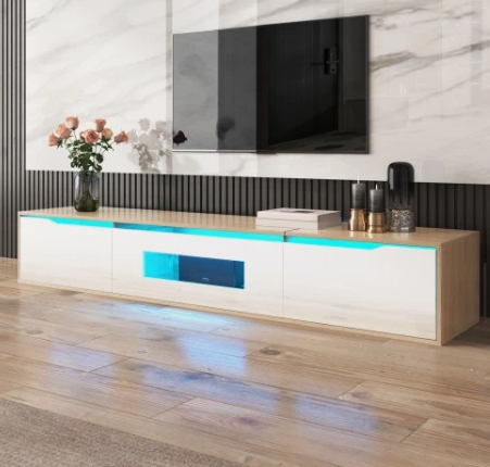 High Gloss TV Cabinet LED Light White & Wood Colour Modern TV Stand Unit - Image 6