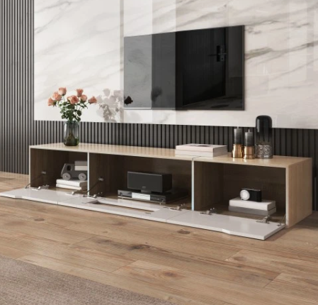 High Gloss TV Cabinet LED Light White & Wood Colour Modern TV Stand Unit - Image 7