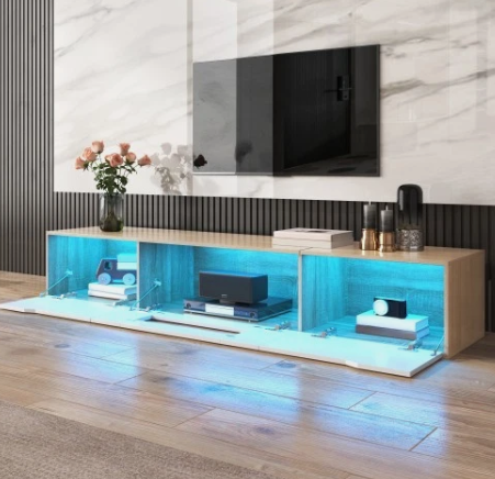 High Gloss TV Cabinet LED Light White & Wood Colour Modern TV Stand Unit - Image 8
