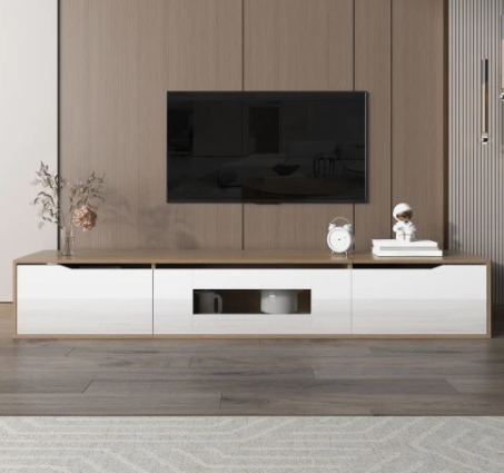 High Gloss TV Cabinet LED Light White & Wood Colour Modern TV Stand Unit - Image 9