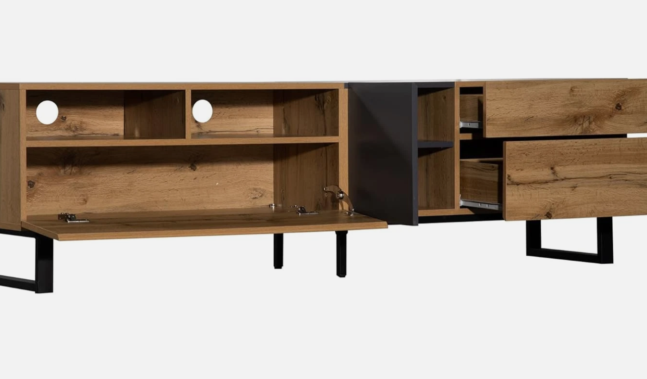 TV Cabinet 180cm Wood Grain Finish TV Stand Multimedia Centre Modern Living Room - Image 2