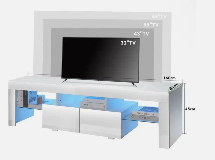 160cm Gloss LED TV Stand - Modern White Wooden Centre with USB Powered Lighting- - Image 3